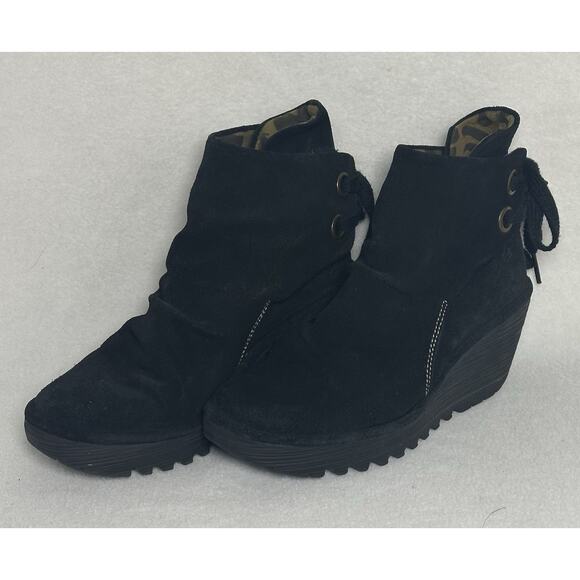FLY LONDON YEBI Blue Suede Back Tie Closure Ankle Wedge Heel Booties 37 EUC - Picture 2 of 9